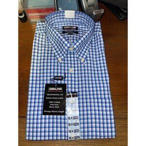 NWT Kirkland Men's Button Up Shirt Size 16 x 32/33 NWT - blue blue white plaid